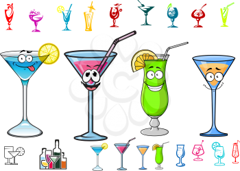 Happy cocktails drinks cartoon characters with straws and lime slices isolated on white background and with cocktail silhouettes around the edges