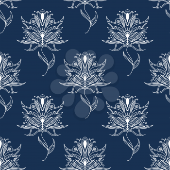 Seamless floral pattern based on white paisley persian ornament on blue background for textile or interior design
