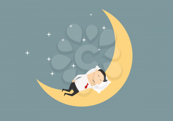 Cartoon tired businessman sleeping on the moon surrounded by shining stars for relaxation or dreams concept design. Flat style