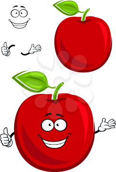 Cartoon happy red apple fruit character with green leaf showing thumb up gesture