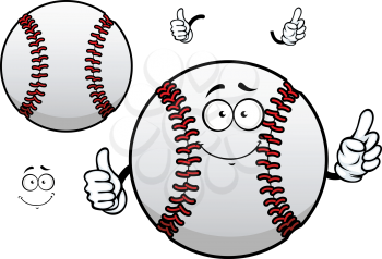 Happy cartoon white baseball ball character with raised red stitches showing thumb up gesture for sporting mascot or tournament design