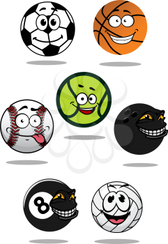 Balls cartoon characters with soccer, football, baseball, bowling, tennis, basketball, volleyball and billiards balls with shadows suitable for sport team mascot design