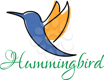 Abstract flying hummingbird doodle sketch in flowing lines of blue and orange colors with caption below Hummingbird