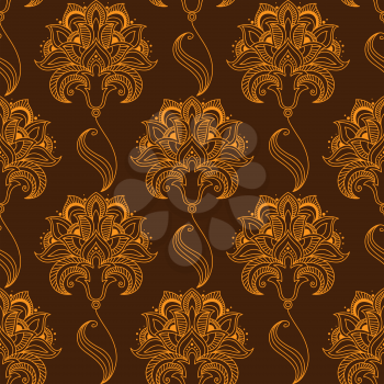 Oriental stylized orange flourish seamless pattern on brown background with luxuriant paisley flowers, carved drop shaped pointed petals and oblique sepals for textile or lace embellishment design