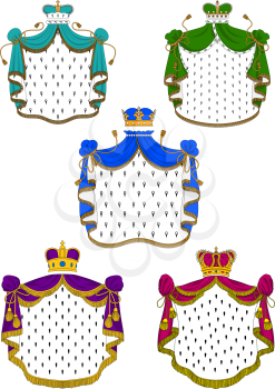 Colorful ceremonial royal mantles trimmed white fur with yellow fringe and golden crowns inlaid gems and pearls, for heraldic emblem or coat of arms design