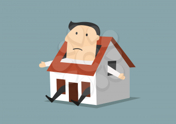 Cartoon sad businessman sitting in little house with head, arms and legs out as a stuck business concept