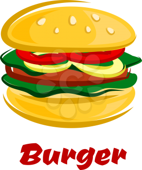 Tasty burger in cartoon style with sliced tomato, onion, lettuce and meat patty on a sesame seed bun isolated on white background for junk food or healthy nutrition concept design