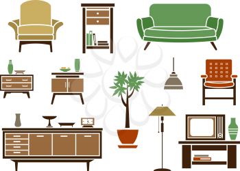 Flat interior decorations and furniture icons set with chair, wardrobe, bed, lamp, dresser, nightstand and TV