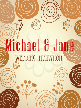 Floral wedding invitation template design with beige and brown outline flowers