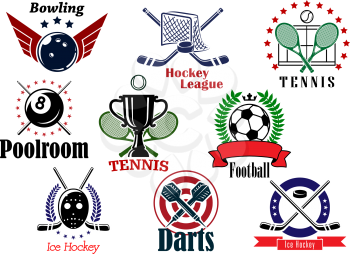 Sports team graphic emblems and banners set for bowling, pool, ice hockey, darts, soccer and tennis isolated on a white background