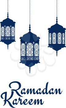 Holy Ramadan Kareem greeting card design with blue silhouettes of arabic lanterns