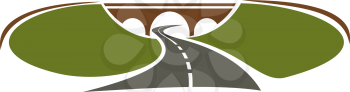 Icon of highway passes under bridge between green hills for transportation design