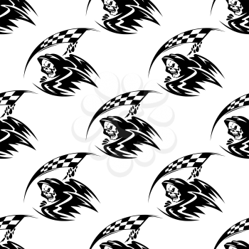 Black demon of death with scythe checkered racing flag in a cape with hood on white background, seamless pattern for racing sport design