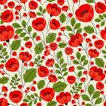 Red poppies seamless pattern in retro style with poppy flowers, lush petals and muted green foliage on beige background for textile or interior design