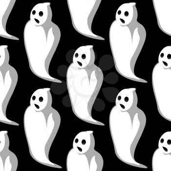 Terrifying white ghosts silhouettes seamless pattern with open mouths and empty eye sockets on black background for Halloween party design