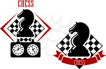 Chess tournament badges with black horses and game clock with chessboards on the background adorned with red ribbon banner