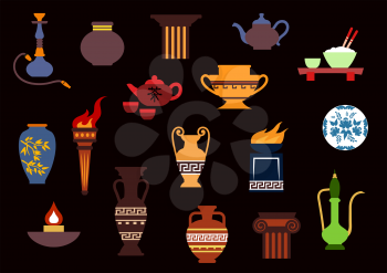 Containers and kitchenware icons in flat style with ancient torch, stone fire bowls, amphoras, copper and ceramic teapots, oil lamp, hookah pipe, tea services, vases, jug and plates
