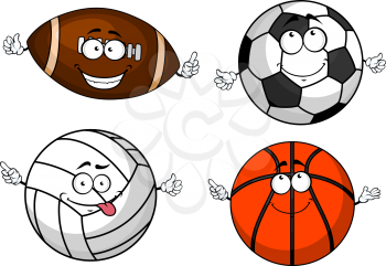 Colorful football or soccer, rugby, volleyball, basketball balls cartoon characters with funny faces for sporting mascot design