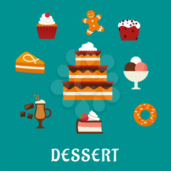 Sweet desserts flat concept with three tiered cake decorated with cream, berries, cupcakes, ice cream, donut, slices of honey cake and cheesecake, gingerbread man and hot chocolate