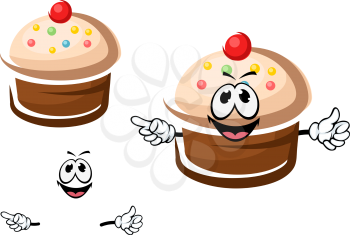 Tasty chocolate cupcake cartoon character with caramel cream and colorful sprinkles for pastry shop or dessert design
