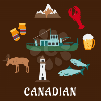 Symbols of Canada in flat style with rocky mountains, lighthouse, elk, mittens, beer tankard, lobster, fish and fishing trawler