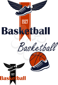 Basketball team emblem design with winged sneakers on ribbon with forked edge and date foundation, another variant with basketball shoes and ball. Isolated on white background