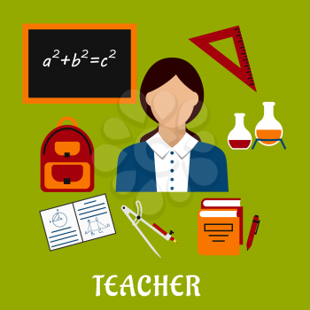 Teacher profession concept design with woman encircled by blackboard with chalk formula, books, pen, laboratory flasks, school bag, exercise book with geometric figures, triangle ruler. Flat style