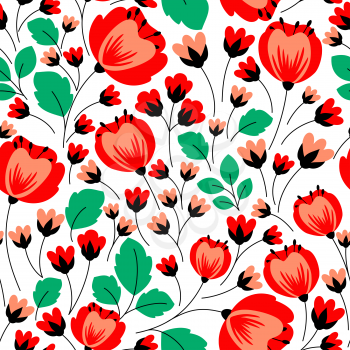 Retro flourish seamless background pattern with red poppies flowers and buds among emerald foliage, for interior or textile design