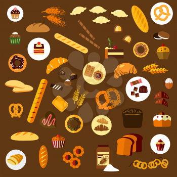 Bakery, pastry and confectionery flat icons with various breads, croissants, pretzels, donuts, cakes, cookies, cupcakes, candies and bagels