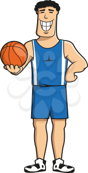Smiling professional basketball player cartoon character in blue sporting uniform with orange ball in hand