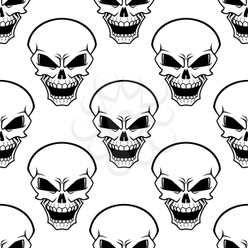 Evil human skulls seamless pattern with aggressive grimaces on white background, for halloween design