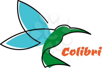 Hummingbird outline silhouette with blue wings and green body with caption isolated on white. For nature, business or fashion design