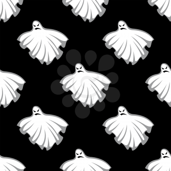 Flying eerie Halloween ghosts seamless pattern on black background, for holiday design