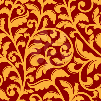 Yellow floral seamless pattern on red background with twisted stems and curved leaves. Retro style for wallpaper or interior design