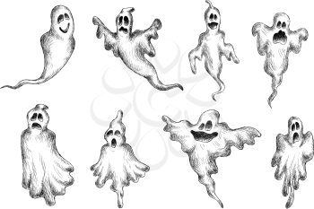 Flying halloween eerie and funny ghosts for holiday themes design