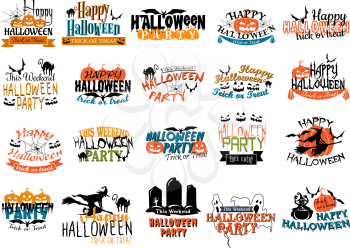 Halloween horror and eerie banners with pumpkins, cats, skulls, witch, spiders, graves, bats, gosts and ghouls for party themes design