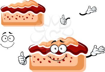 Funny cake cartoon character with berry slices and fruity sauce, giving thumb up, for dessert or cafe menu design