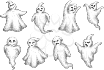 Halloween flying monsters and ghosts in sketch style. For holiday party or invitation design