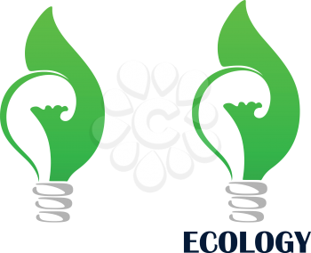 Green energy light bulb abstract icon with lamp wrapped by leaves, isolated on white background with caption Ecology