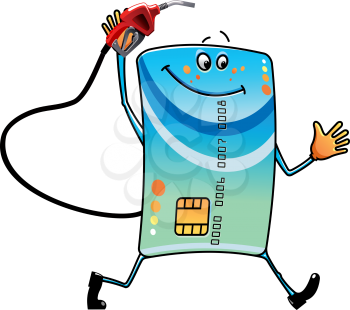 Cartoon bank credit card character with gasoline pump nozzle in hand, ready to refuel your car, for debt or finance theme