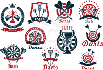 Darts club retro icons of dartboards and arrows with trophy cups, crowned by shield and wreath, decorated by stars and ribbon banners
