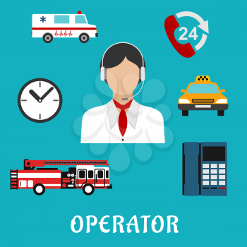 Operator of call center  or dispatcher profession flat icons with woman, headset and neckerchief, surrounded by handset with 24 hour support sign, clock, telephone, fire truck, ambulance and taxi car