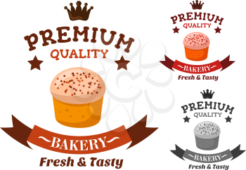 Premium quality bakery and pastry shop emblem with sweet butter cupcake with royal icing and colorful sprinkles, adorned by chocolate headers with crown, stars and ribbon banner