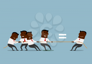 Cartoon confident black businessman is equal with a group of businessmen, in tug of war. Business challenge or human resources concept design