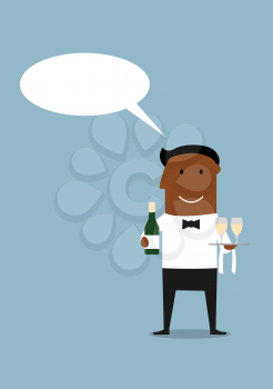 Happy cartoon waiter carrying a tray with wine glasses and a bottle of champagne in another hand with speech bubble above his head. Food service profession or restaurant concept usage
