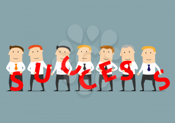 Prosperous business team of smiling businessmen holding red letters in hands and composing the word Success. Successful teamwork, partnership and cooperation concept design usage