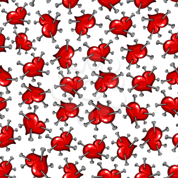 Seamless pattern of a nail studded red heart. Symbolic of the pain of love 