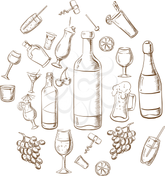 Beverages, alcohol, fruits, glasses and corkscrews sketches in a circle. For cafe and restaurant menu design