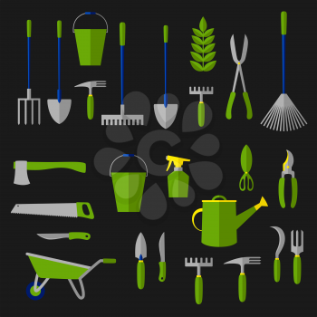 Agricultural and gardening tools icon with rakes, shovels, green plant, watering can, pitchfork, scissor, wheelbarrow, shears, trowel, buckets, knife, secateurs, saw, weeding hoes, sprayer, axe, sickl
