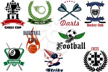 Football or soccer, golf, ice hockey, basketball, bowling, chess, billiards and darts sport emblems with heraldic elements and sporting items